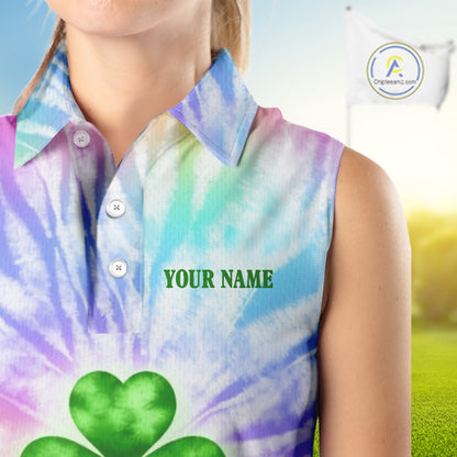 Colorful Pastel Tie Dye Womens Sleeveless Golf Polo Shirt Custom Green Clover St Patrick Day Golf Top NHN0169