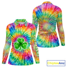 Load image into Gallery viewer, Colorful Tie Dye Womens Long Sleeve Golf Polo Shirt Custom Green Clover St Patrick Day Golf Tops NHN0170