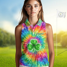 Load image into Gallery viewer, Colorful Tie Dye Womens Sleeveless Golf Polo Shirt Custom Green Clover St Patrick Day Golf Tops NHN0170