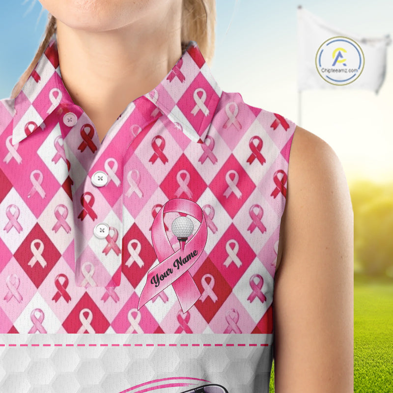 Womens Sleeveless Golf Polo Shirt Custom Flamingo Ribbon Plaid Pattern, Breast Cancer Awareness Golf NHN0177