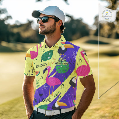 Funny Mens Golf Polo Shirt Custom Tropical Summer Pattern Flamingo Golf Shirts For Men NHN0195