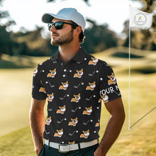 Load image into Gallery viewer, Black Mens Golf Polo Shirt Custom Cute Dogs Corgi Print Golf Shirts For Men, Dog Lover Gift NHN0069