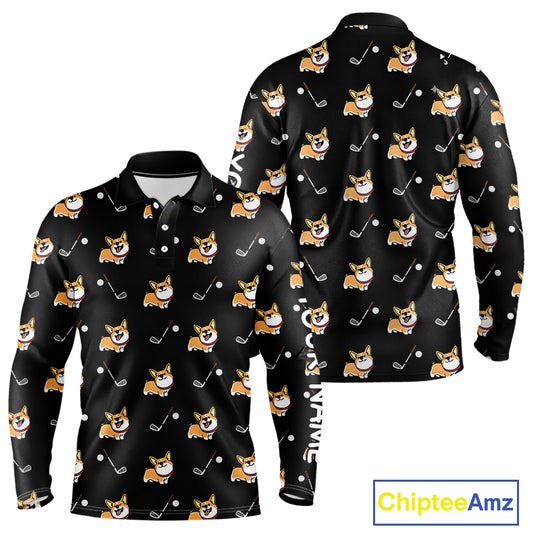 Black Mens Long Sleeve Golf Polo Shirt Custom Cute Dogs Corgi Print Golf Shirts For Men, Dog Lover Gift NHN0069