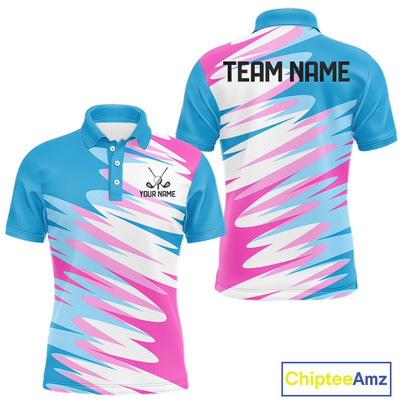 Mens Golf Polo Shirt Custom Blue And Pink Golf Shirt, White Team Golf Shirts Personalized  NHN0076