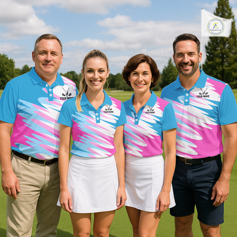 Mens Golf Polo Shirt Custom Blue And Pink Golf Shirt, White Team Golf Shirts Personalized  NHN0076