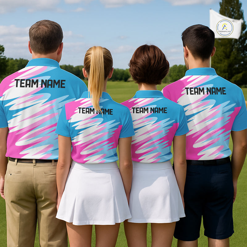 Mens Golf Polo Shirt Custom Blue And Pink Golf Shirt, White Team Golf Shirts Personalized  NHN0076