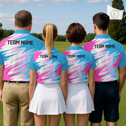 Mens Golf Polo Shirt Custom Blue And Pink Golf Shirt, White Team Golf Shirts Personalized  NHN0076