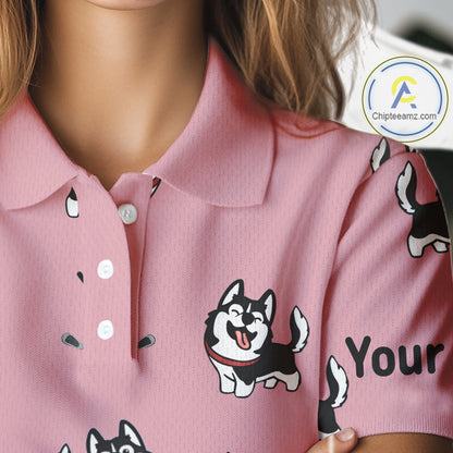 Womens Golf Polo Shirt Custom Funny Husky Pink Pattern Team Ladies Golf Tops, Dog Lover Gift NHN0065