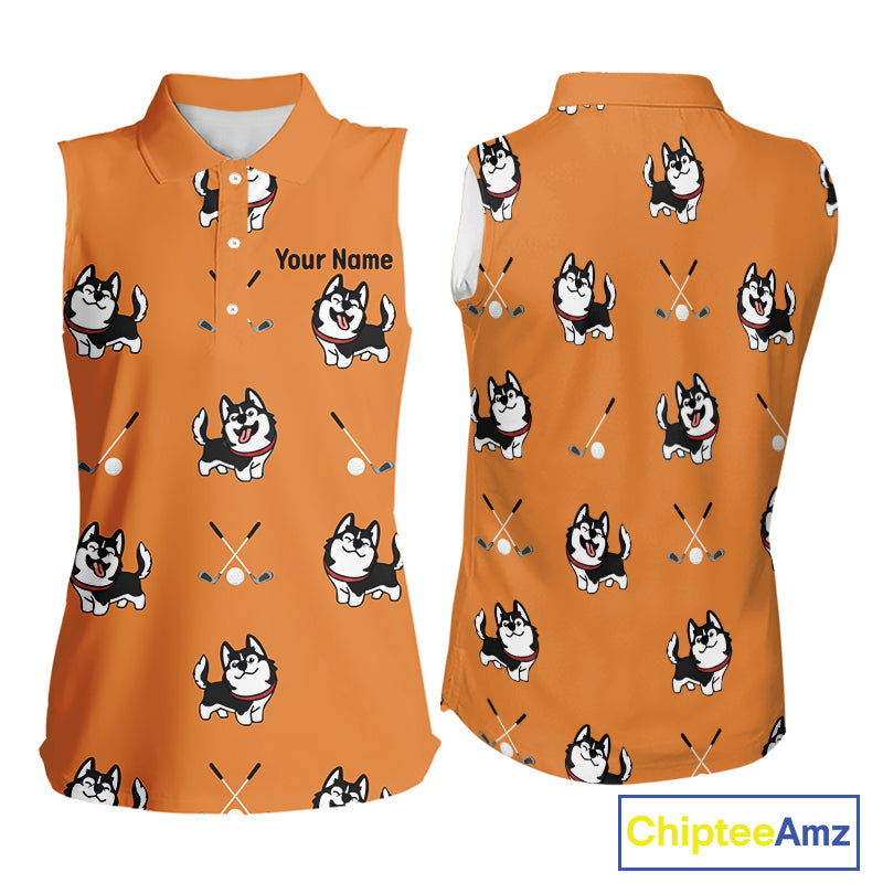 Womens Sleeveless Golf Polo Shirt Custom Funny Husky Orange Pattern Team Ladies Golf Tops, Dog Lover Gift NHN0065