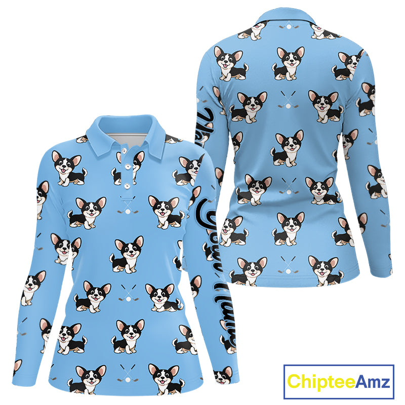 Womens Long Sleeve Golf Polo Shirt Custom Funny Chihuahua Pattern Team Ladies Golf Top, Dog Lover Gift NHN0211