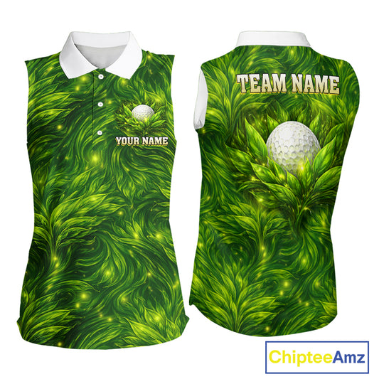 Green Sleeveless Womens Golf Polo Shirt Custom Leaf Pattern Golf Ball Team Golf Tops, Golf Gifts NHN0222