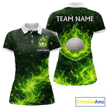 Load image into Gallery viewer, Womens Golf Polo Shirt Neon Green Flame Golf Ball Custom Green Clover St Patricks Day Golf Shirts NHN0223