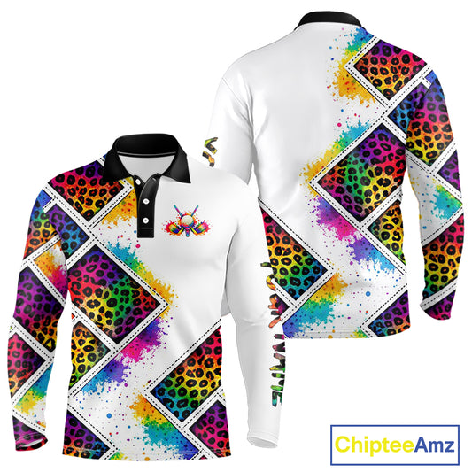 Long Sleeve Golf Polo Shirt Colorful Rainbow Leopard Print Pattern Custom Golf Ball Team Golf Tops NHN0227