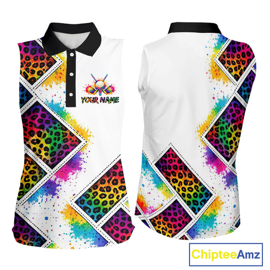 Womens Sleeveless Golf Polo Shirt Colorful Rainbow Leopard Print Pattern Custom Team Golf Tops NHN0227