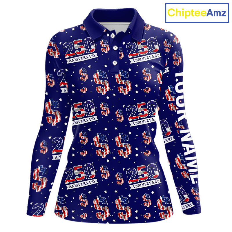 USA 250th Anniversary Womens Long Sleeve Golf Polo Shirt Custom Patriotic American Flag Team Golf Tops NHN0235
