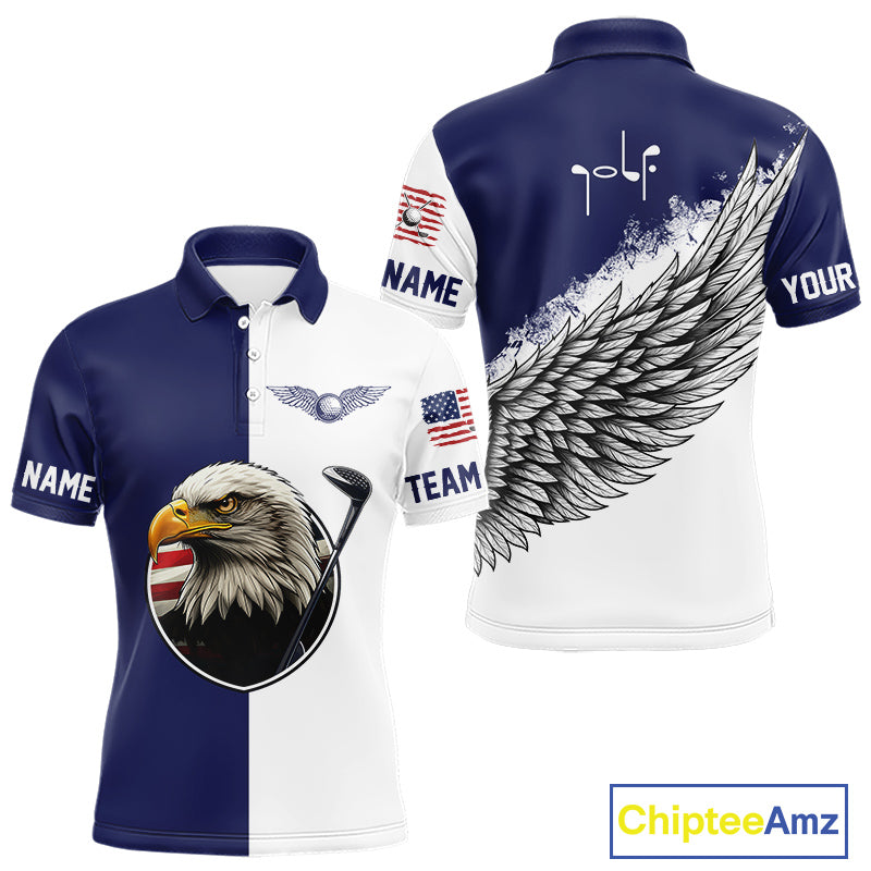 American Flag Eagle Mens Golf Polo Shirts Custom Patriotic Eagle Blue & White Golf Attire For Men NHN0041