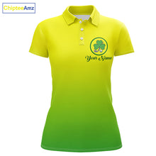Load image into Gallery viewer, Neon Green Womens Golf Polo Shirt Custom Name Green Clover St Patrick Day Golf Shirts, Golfer Gift NHN0206