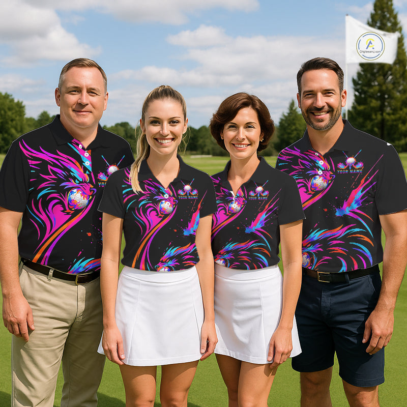 Wolf Mens Golf Polo Shirt Custom Neon Purple Pattern Team Golf Tops, Black Golf Outfit For Men NHN0085