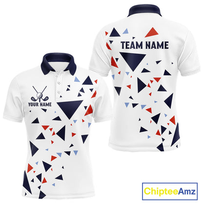 Mens Golf Polo Shirt Custom Orange And Blue Triangle Pattern Team Golf Tops, White Golf Attire NHN0086