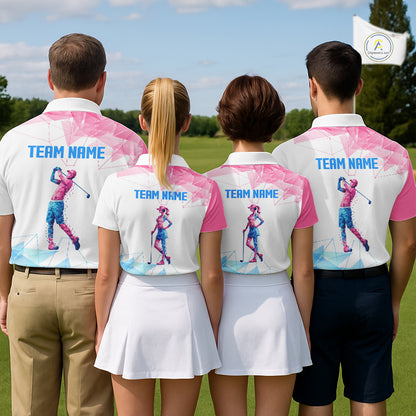 Womens Golf Polo Shirts Blue And Pink Polygonal Pattern Custom Name White Golf Shirts For Ladies NHN0098