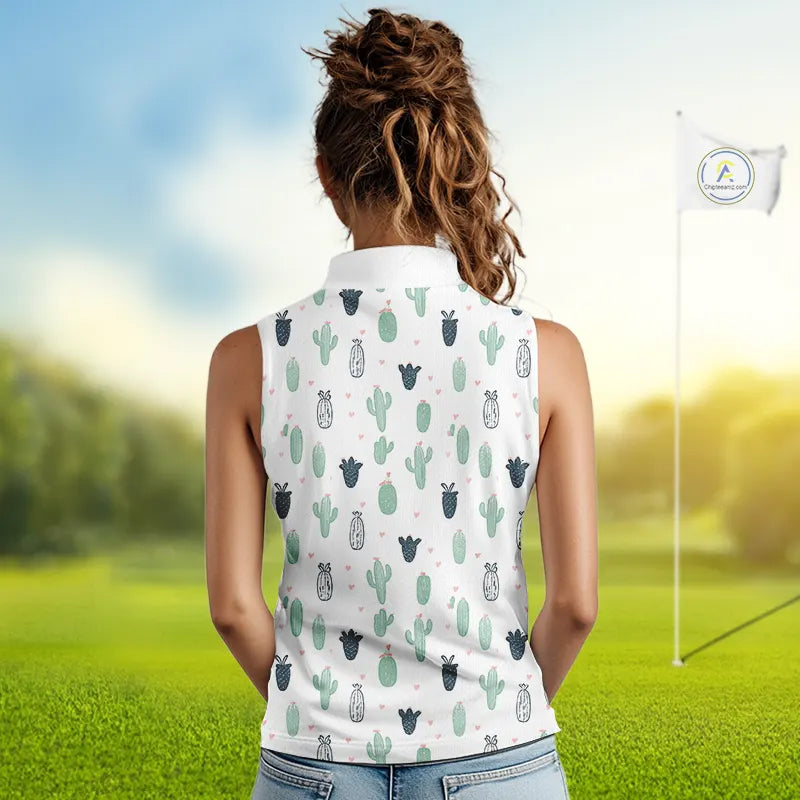 Funny Cactus Flower Pattern Womens Sleeveless Golf Polo Shirt Custom, Cactus Golf Shirt Personalized NHN0151