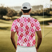 Load image into Gallery viewer, Pink Plaid Mens Golf Polo Shirt Custom Pink Ribbon Breast Cancer Awareness Team Golf Tops, Golf Gifts NHN0165