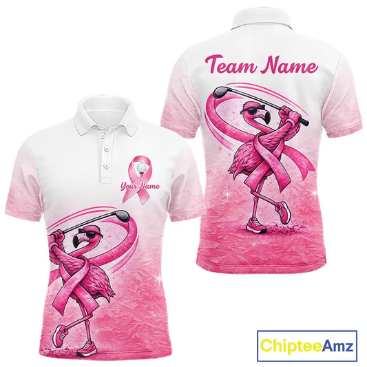 Pink Breast Cancer Golf Shirt, Funny Flamingo Cancer Awareness Mens Golf Polo Shirt, Golf Gifts NHN0167