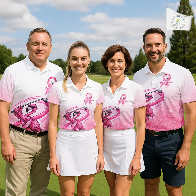 Pink Breast Cancer Golf Shirt, Funny Flamingo Womens Golf Polo Shirt Custom Cancer Awareness Golf Gifts NHN0167