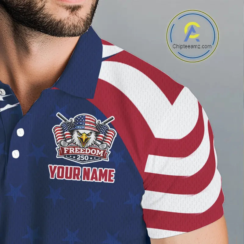Funny Mens Golf Polo Shirt Custom Name American Flag Polo Shirt, 250 Years Of Freedom Patriotic Gift NHN0173