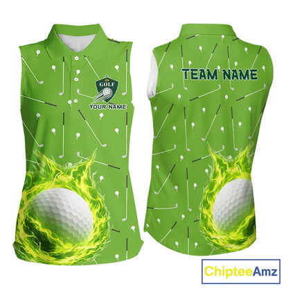 Womens Sleeveless Golf Polo Shirt Custom Green And White Golf Ball Flame Team Shirts, Ladies Golf Top NHN0179