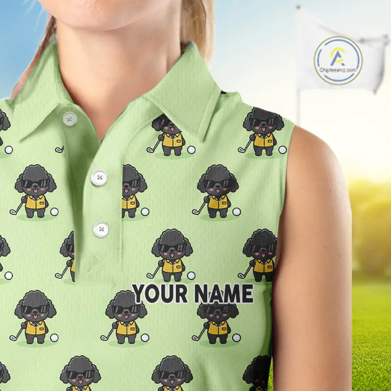 Green Womens Sleeveless Golf Polo Shirt Custom Ladies Golf Tops, Funny Poodle Dog Lover Gift NHN0068
