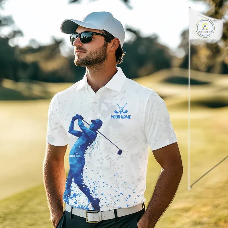 Blue And White Polygonal Pattern Mens Golf Polo Shirts Custom White Golf Clubs Golf Shirt For Men NHN0101