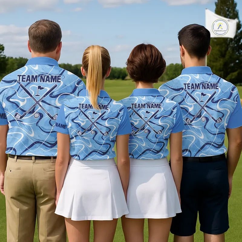 Blue And White Mens Golf Polo Shirts Custom Blue Camo Golf Tops For Men, Personalized Golf Gifts NHN0112