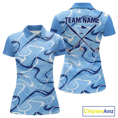 Blue And White Womens Golf Polo Shirts Custom Blue Camo Golf Tops For Ladies, Personalized Golf Gifts NHN0112