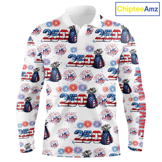 America 250th Anniversary Long Sleeve Golf Polo Shirt, Patriotic USA Golf Shirt, Independence Gift NHN0233
