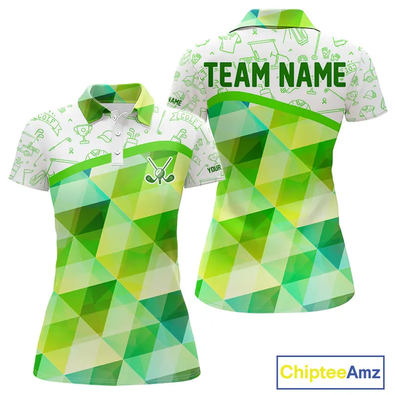 Green Geometric Triangle Pattern Womens Golf Polo Shirt Custom Golf Clubs & Golf Ball Ladies Golf Tops NHN0121