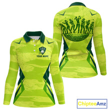 Load image into Gallery viewer, Green Camo Womens Long Sleeve Golf Polo Shirt Custom Camouflage Golf Ball Golf Top For Team, Golf Gift NHN0178
