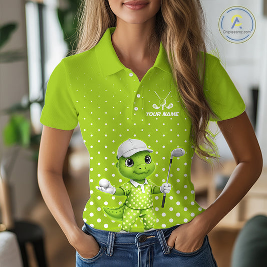 Funny Dinosaur Womens Golf Polo Shirt Custom Name Green Pattern Dinosaur Golf Shirts For Ladies NHN0100