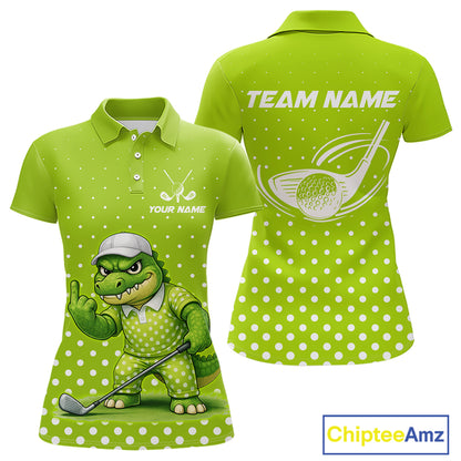 Funny Alligator Golf Polo Shirt For Women Custom Name Green Ladies Golf Apparel Funny Golf Gifts NHN0104