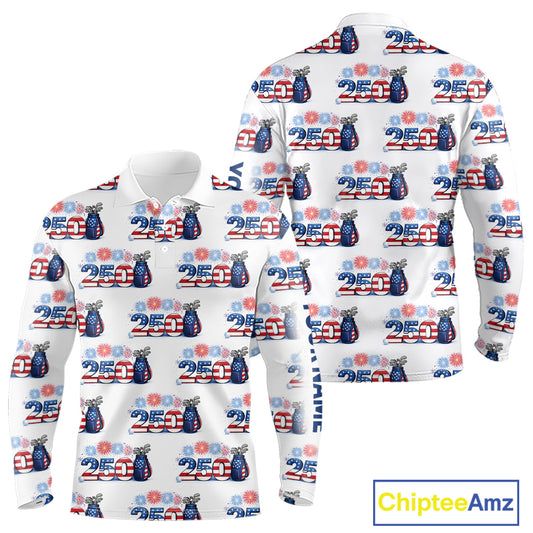 USA 250th Anniversary Long Sleeve Golf Polo Shirt Custom Golf Pattern Patriotic Independence Golf Tops NHN0234
