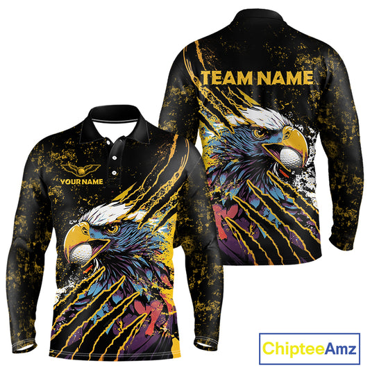 Mens Long Sleeve Golf Polo Shirt Custom Yellow & Black Grunge Ripped Eagle Grasping Golf Ball Golf Apparel NHN0057
