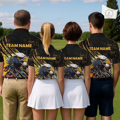 Mens Golf Polo Shirt Custom Yellow And Black Grunge Ripped Eagle Grasping Golf Ball Golf Apparel NHN0057