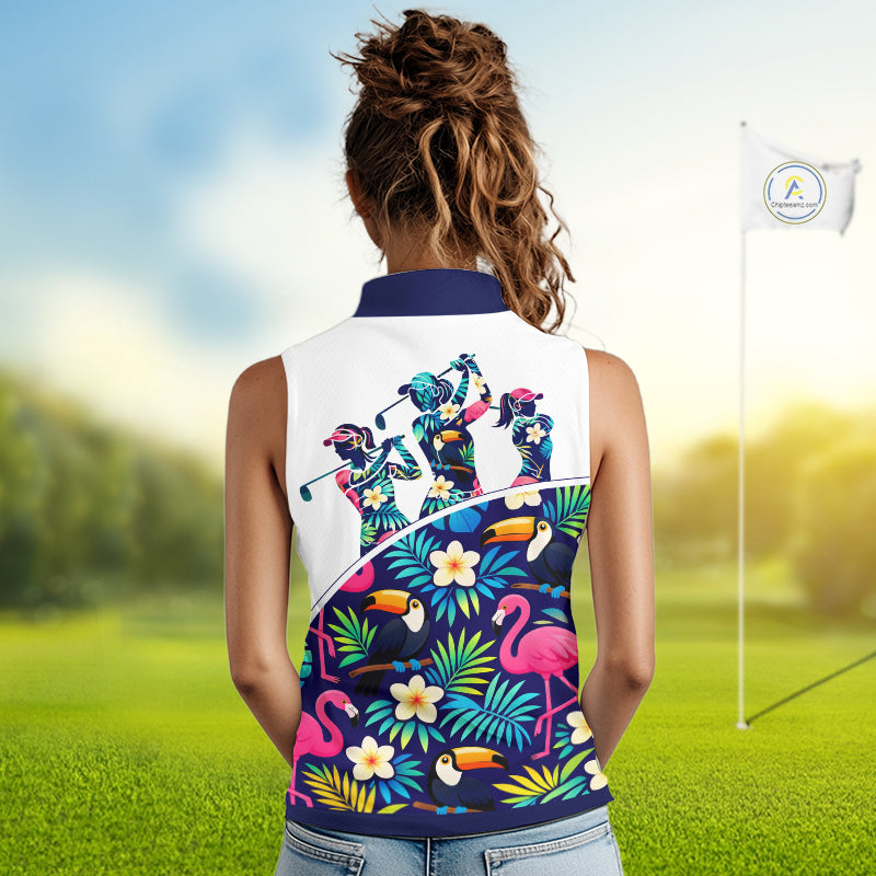 Funny Womens Sleeveless Golf Polo Shirt Custom Toucan Tropical Pattern, Flamingo Golf Shirt For Ladies NHN0205
