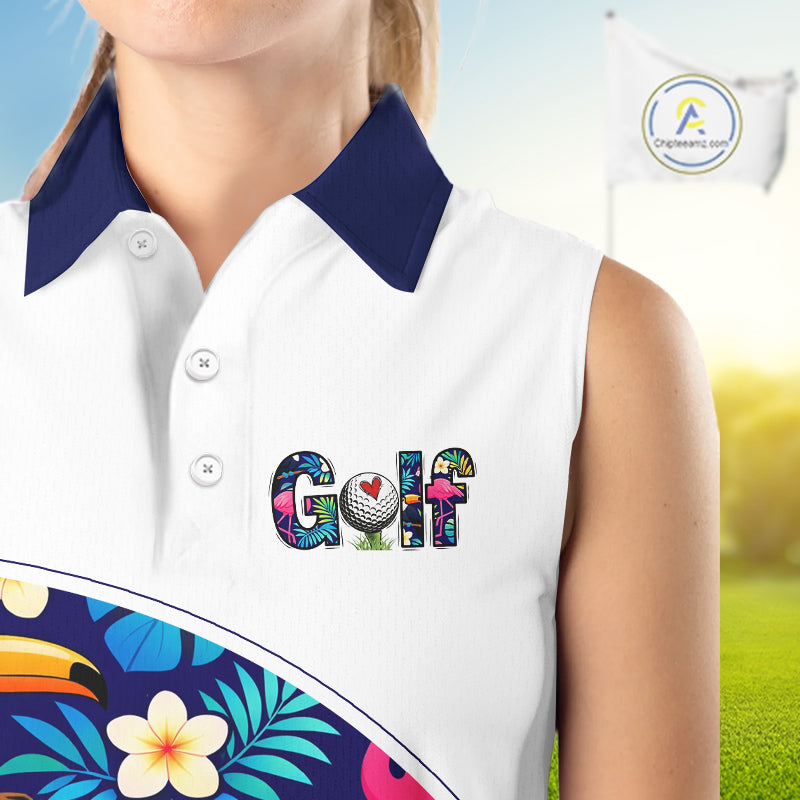 Funny Womens Sleeveless Golf Polo Shirt Custom Toucan Tropical Pattern, Flamingo Golf Shirt For Ladies NHN0205
