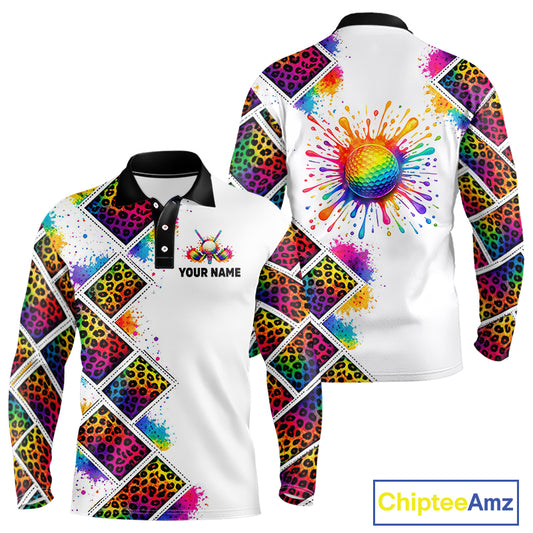 Rainbow Long Sleeve Golf Polo Shirt Leopard Print Pattern Custom Team Golf Tops For Men, Golf Gifts NHN0228