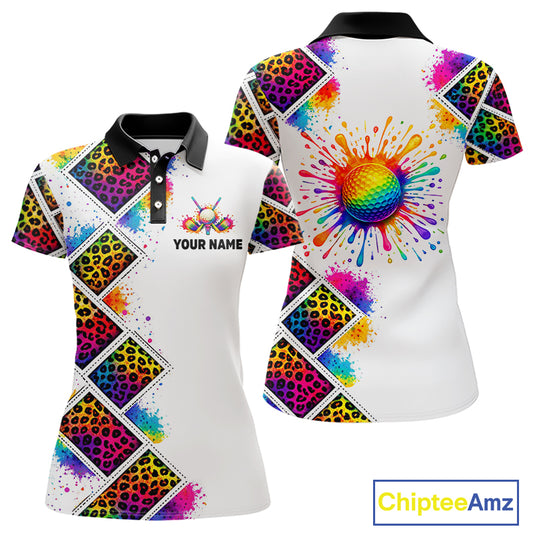 Rainbow Womens Golf Polo Shirt Leopard Print Pattern Custom Team Ladies Golf Top, Golf Gift NHN0228