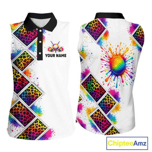 Rainbow Womens Sleeveless Golf Polo Shirt Leopard Print Pattern Custom Team Ladies Golf Top, Golf Gift NHN0228