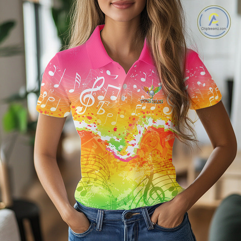 Womens Golf Polo Shirt Colorful Music Angel Wing Golf Ball Custom Golf Top For Team, Golfer Gift NHN0130