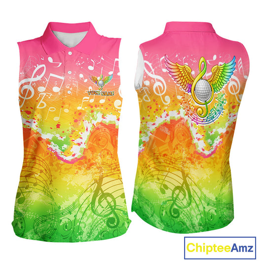 Womens Sleeveless Golf Polo Shirt Colorful Music Angel Wing Golf Ball Custom Golf Top For Team NHN0130