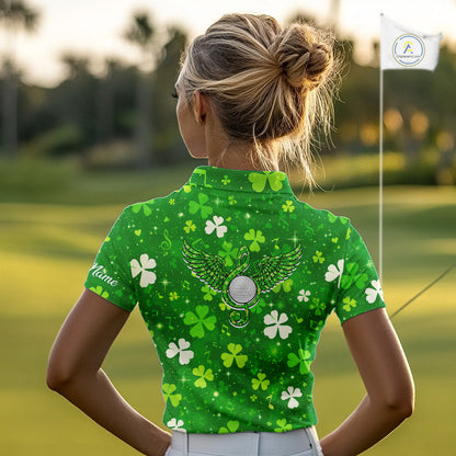 Womens Golf Polo Shirt Custom Green Music Angel Wing Golf Ball St Patricks Day Golf Shirts, Golf Gifts NHN0132